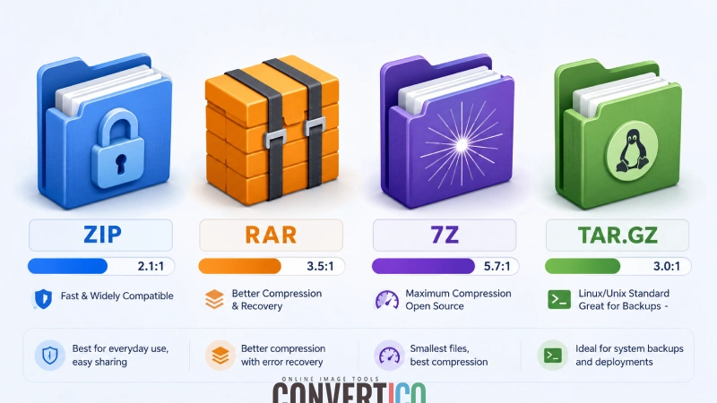 Visual comparison of ZIP, RAR, 7Z and TAR archive formats with their typical use cases