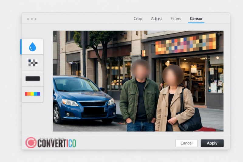 Screenshot of SURITD TOOLS censor photo tool showing blur, pixelate, and black bar options applied to a sample image