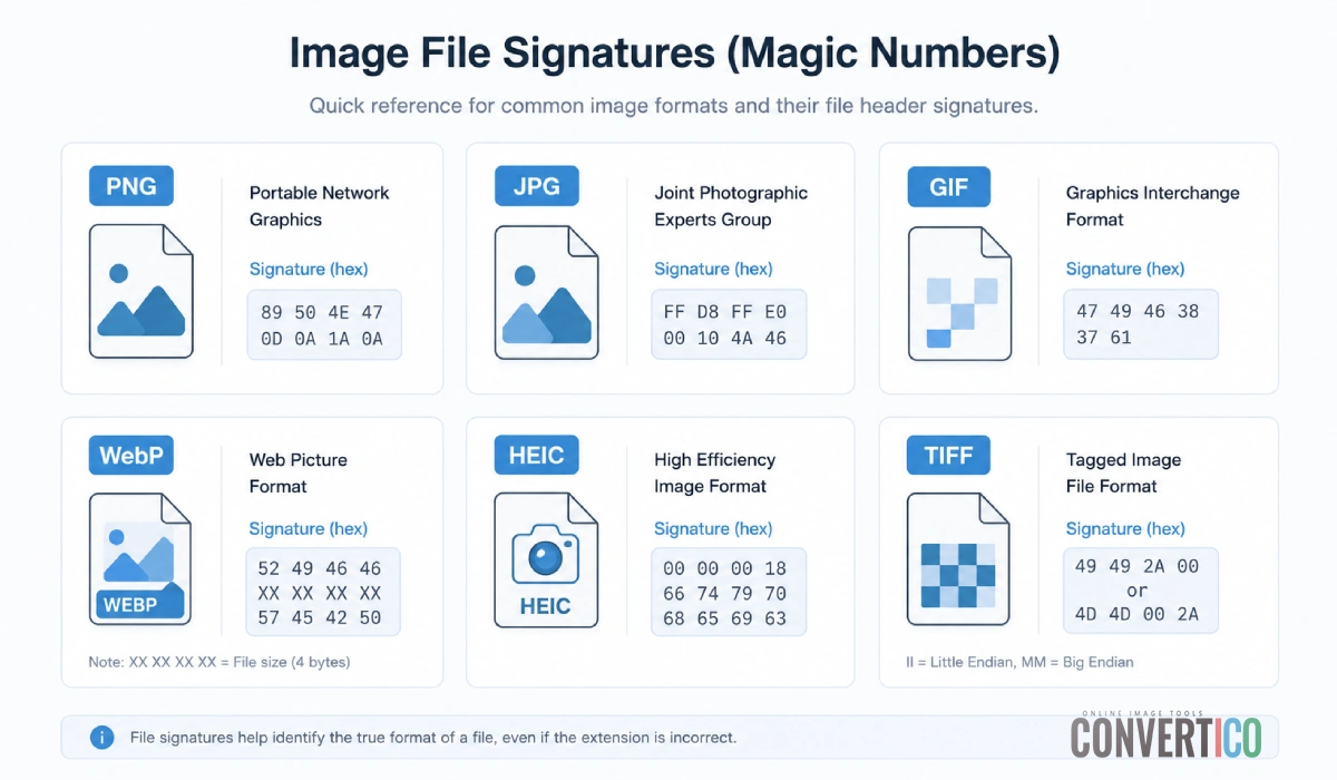 Cheat sheet of image format signatures showing hex headers for PNG JPG GIF WebP and HEIC